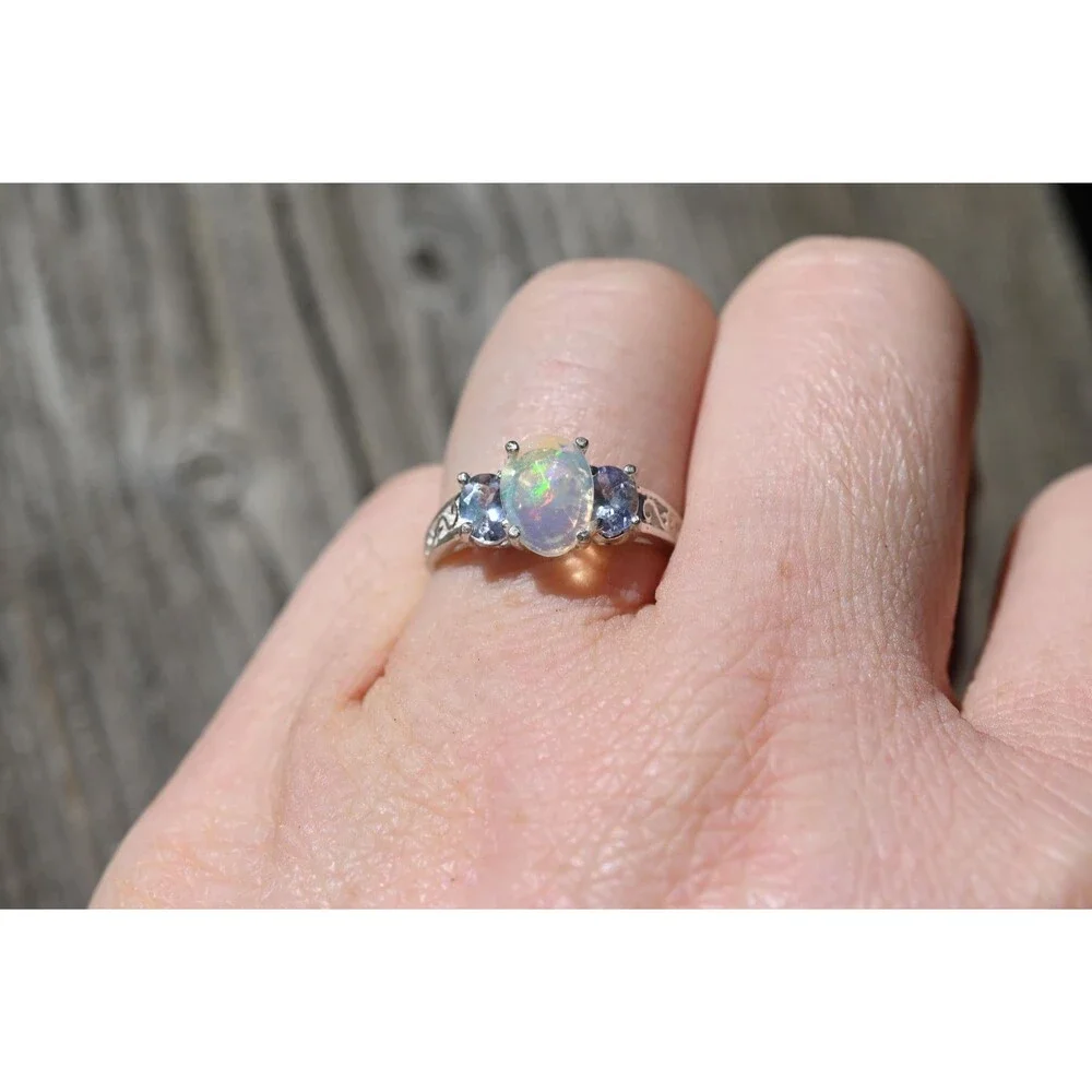 Ethiopian Opal and Tanzanite Ring Sterling Silver Oval Opal , October Birthstone